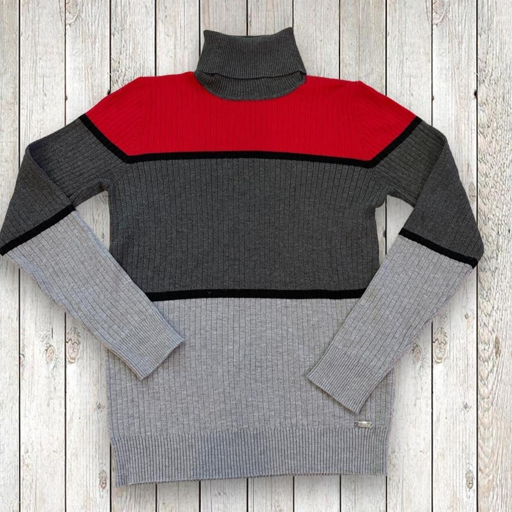 Calvin Klein Womens Colorblock Ribbed Turtleneck Sweater Red Gray Black Small